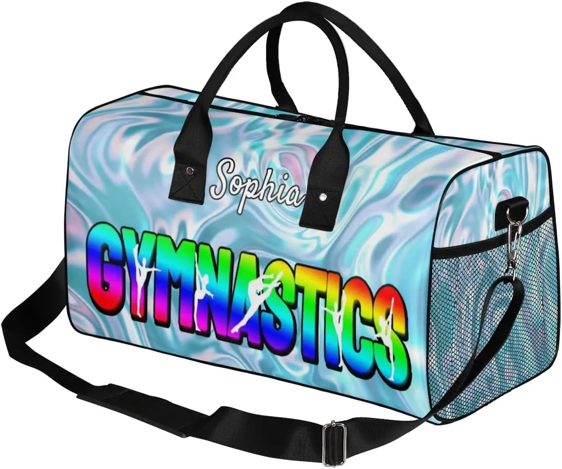 Personalized Gymnastic Bag for Women, Custom Name Sport Duffel Bag Gym Bag Travel Duffle Bag Overnight Weekender Bag, Silver Glitter Print