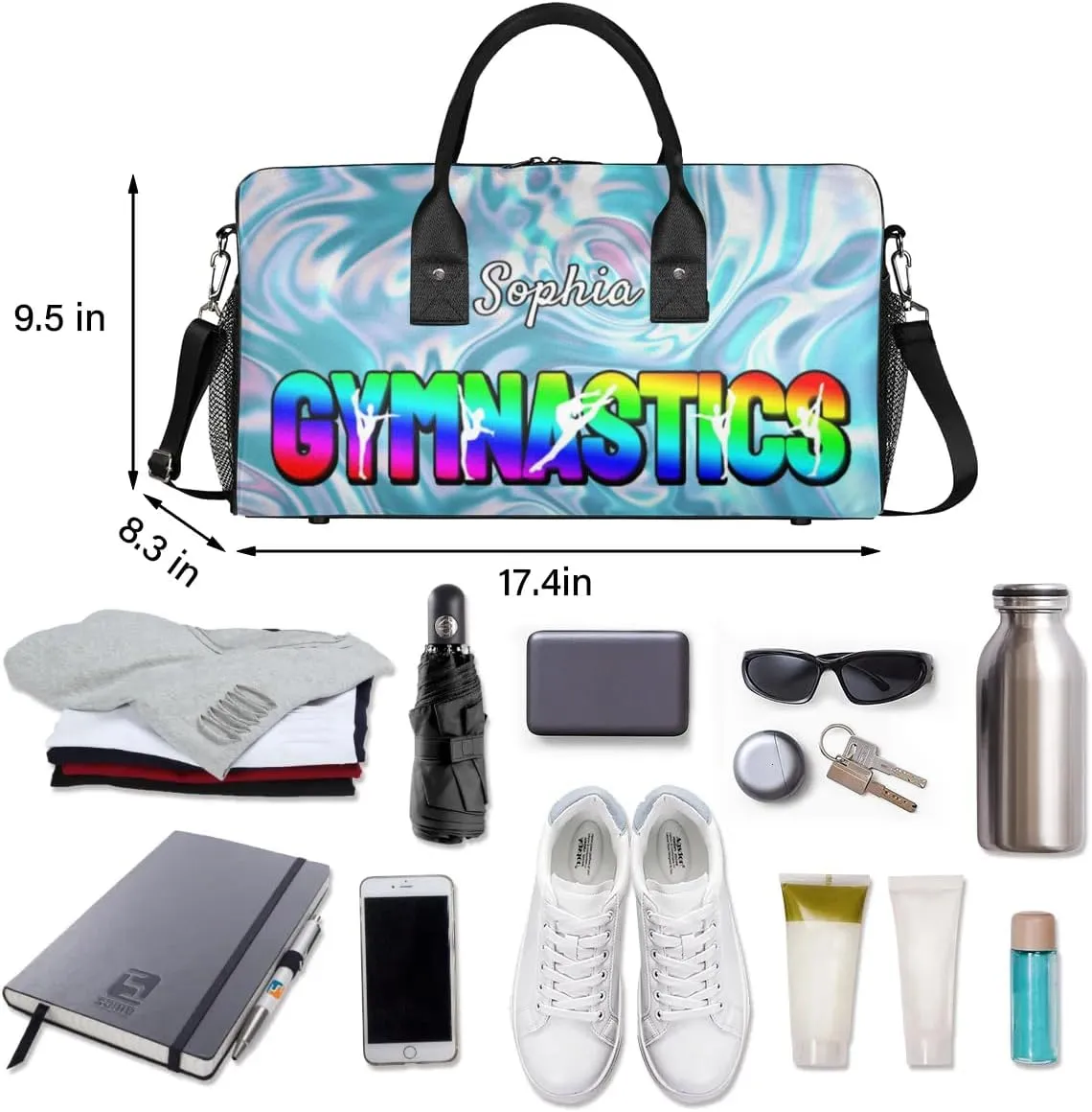 Personalized Gymnastic Bag for Women, Custom Name Sport Duffel Bag Gym Bag Travel Duffle Bag Overnight Weekender Bag, Silver Glitter Print