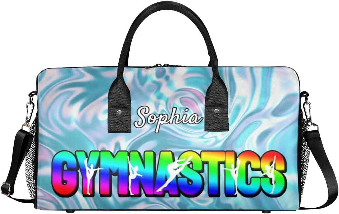 Personalized Gymnastic Bag for Women, Custom Name Sport Duffel Bag Gym Bag Travel Duffle Bag Overnight Weekender Bag, Silver Glitter Print