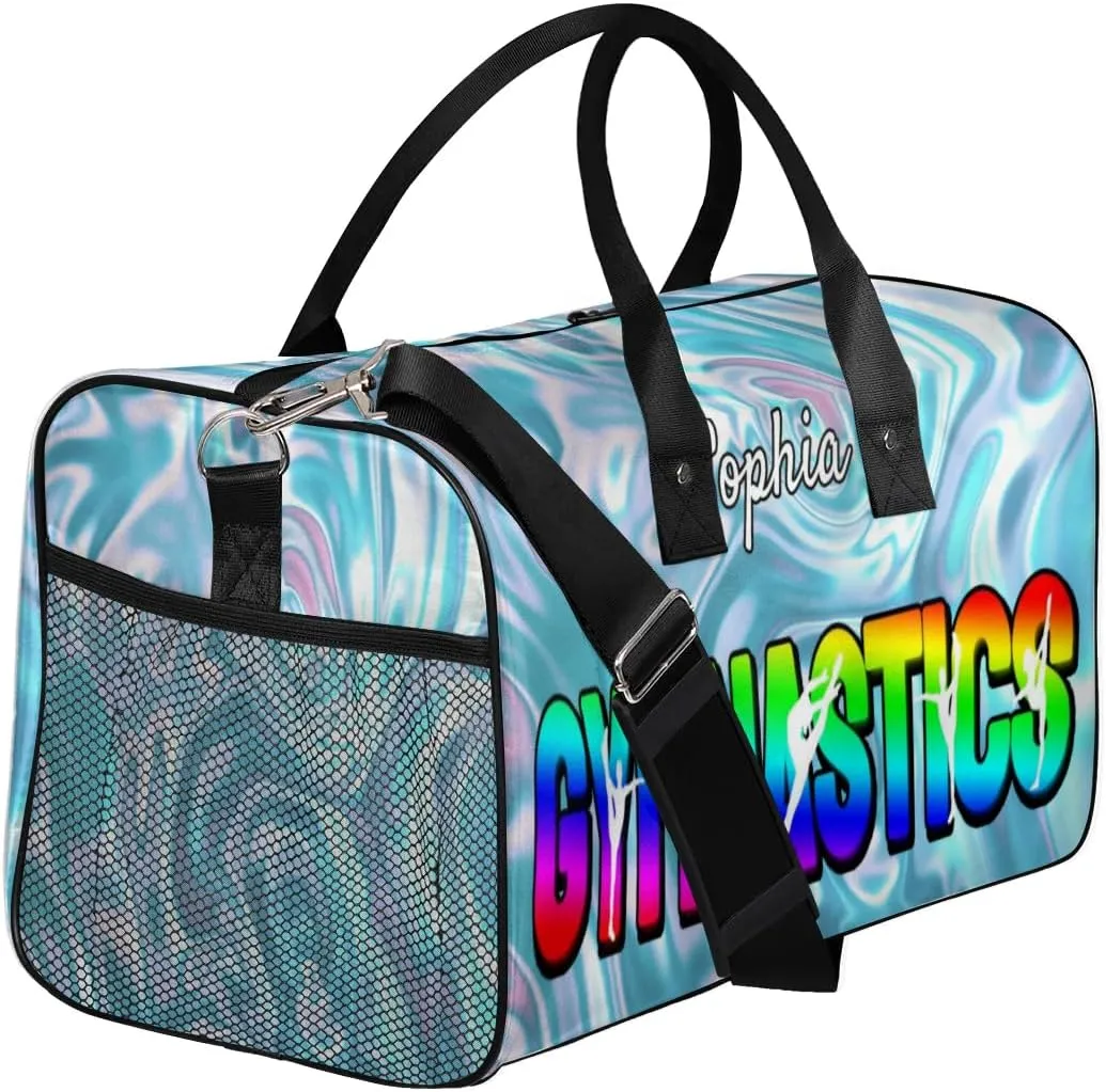 Personalized Gymnastic Bag for Women, Custom Name Sport Duffel Bag Gym Bag Travel Duffle Bag Overnight Weekender Bag, Silver Glitter Print