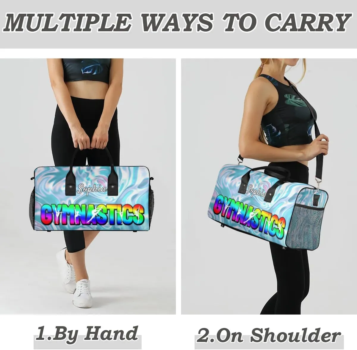 Personalized Gymnastic Bag for Women, Custom Name Sport Duffel Bag Gym Bag Travel Duffle Bag Overnight Weekender Bag, Silver Glitter Print