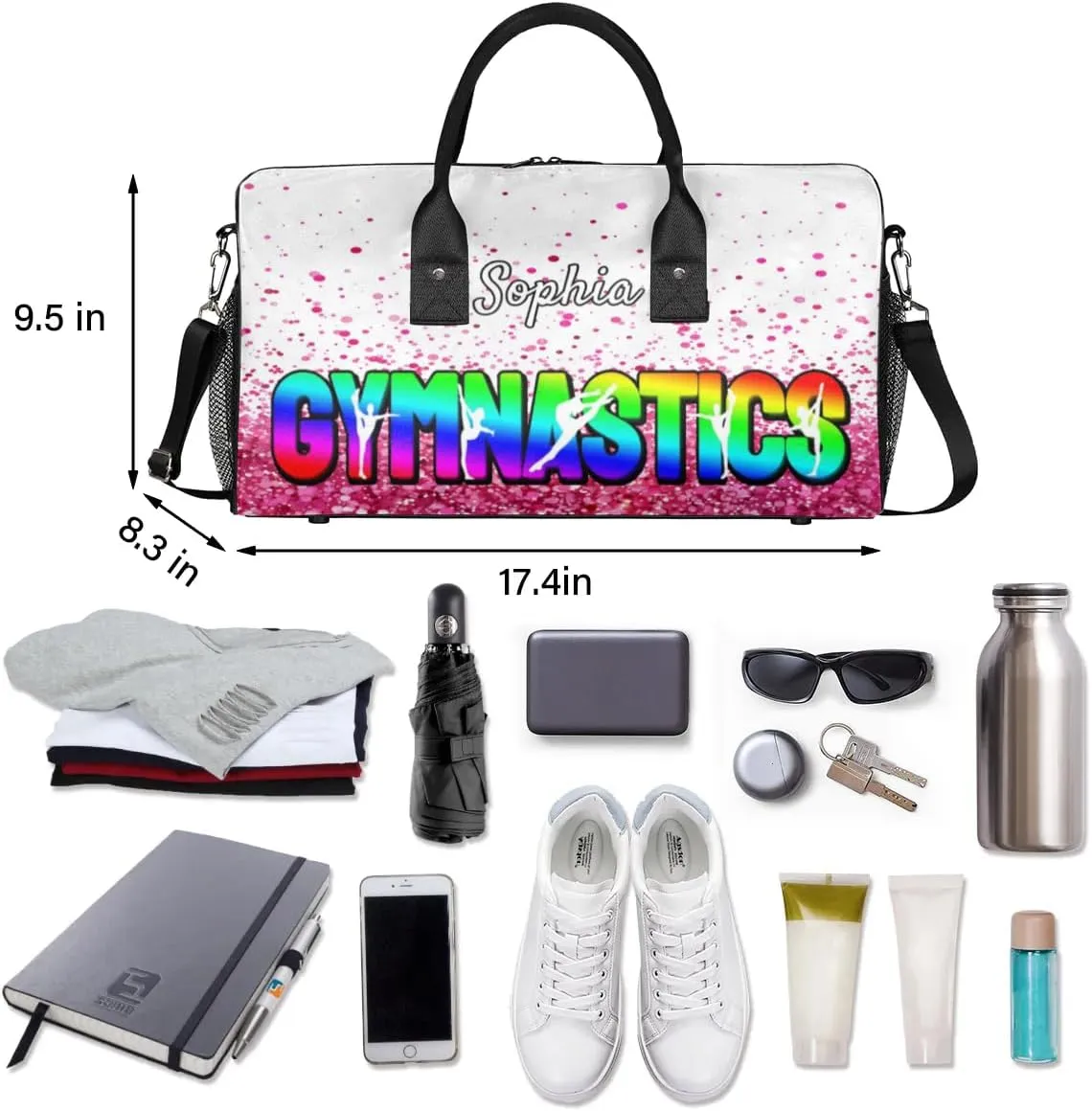 Personalized Gymnastic Bag for Women, Custom Name Sport Duffel Bag Gym Bag Travel Duffle Bag Overnight Weekender Bag, Sparkle