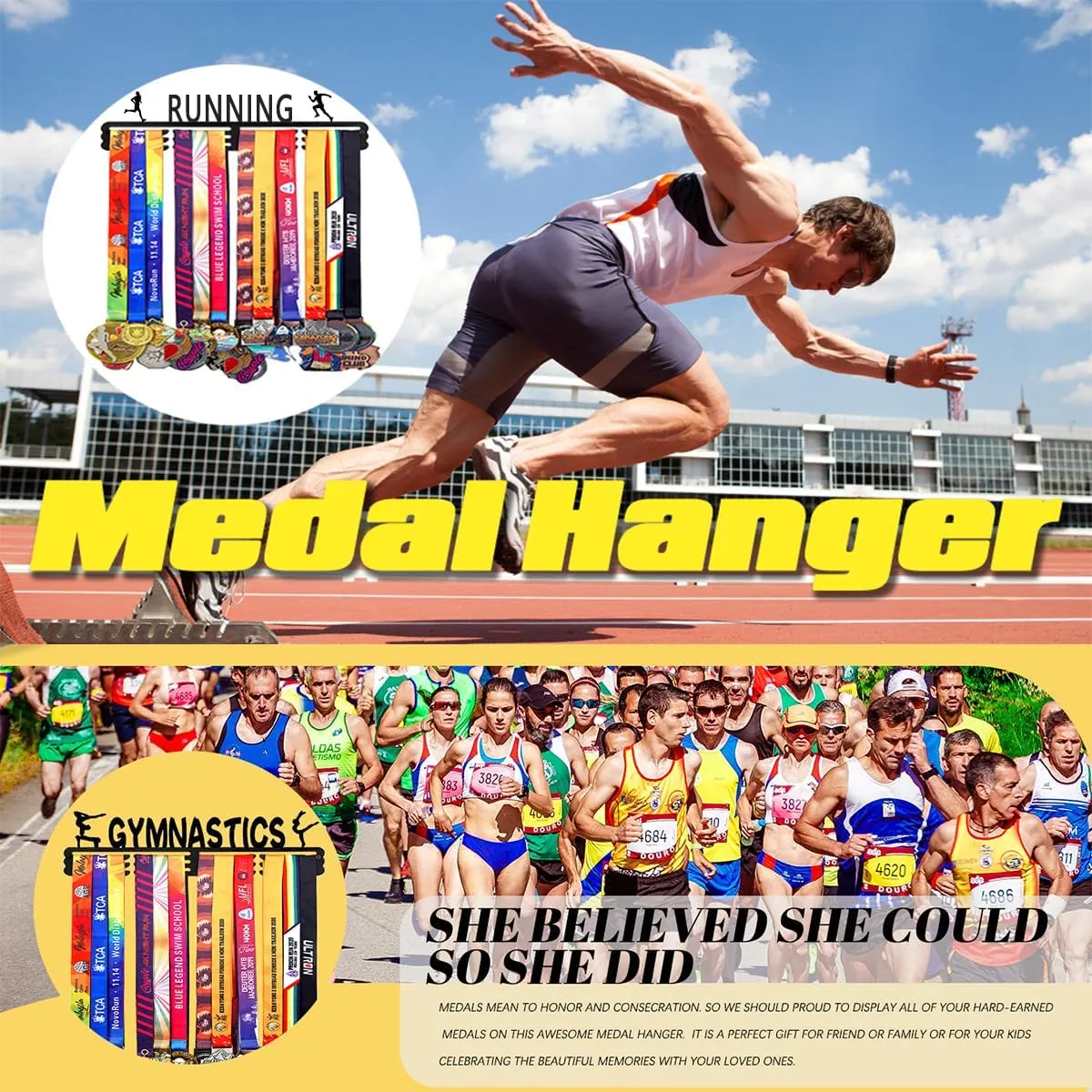 Personalized Medal Holder with Name Display Rack for Awards Ribbons - Metal Custom Sports Race Plaques Hanger for Wall Mount Hold Up 60 Medal Hanger Display for Athlete Boy Girl Kid