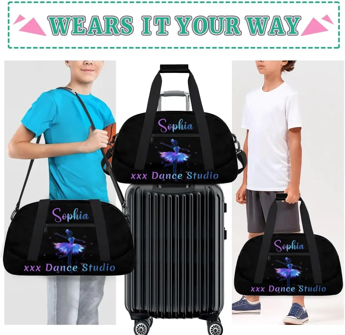 Personalized Name Dance-Duffel-Gym Bags for Girls Kids, Custom Team-Name Sport Carry-On Garment Shoes Bags for Overnight Weekender Travel, Black Blue Purple