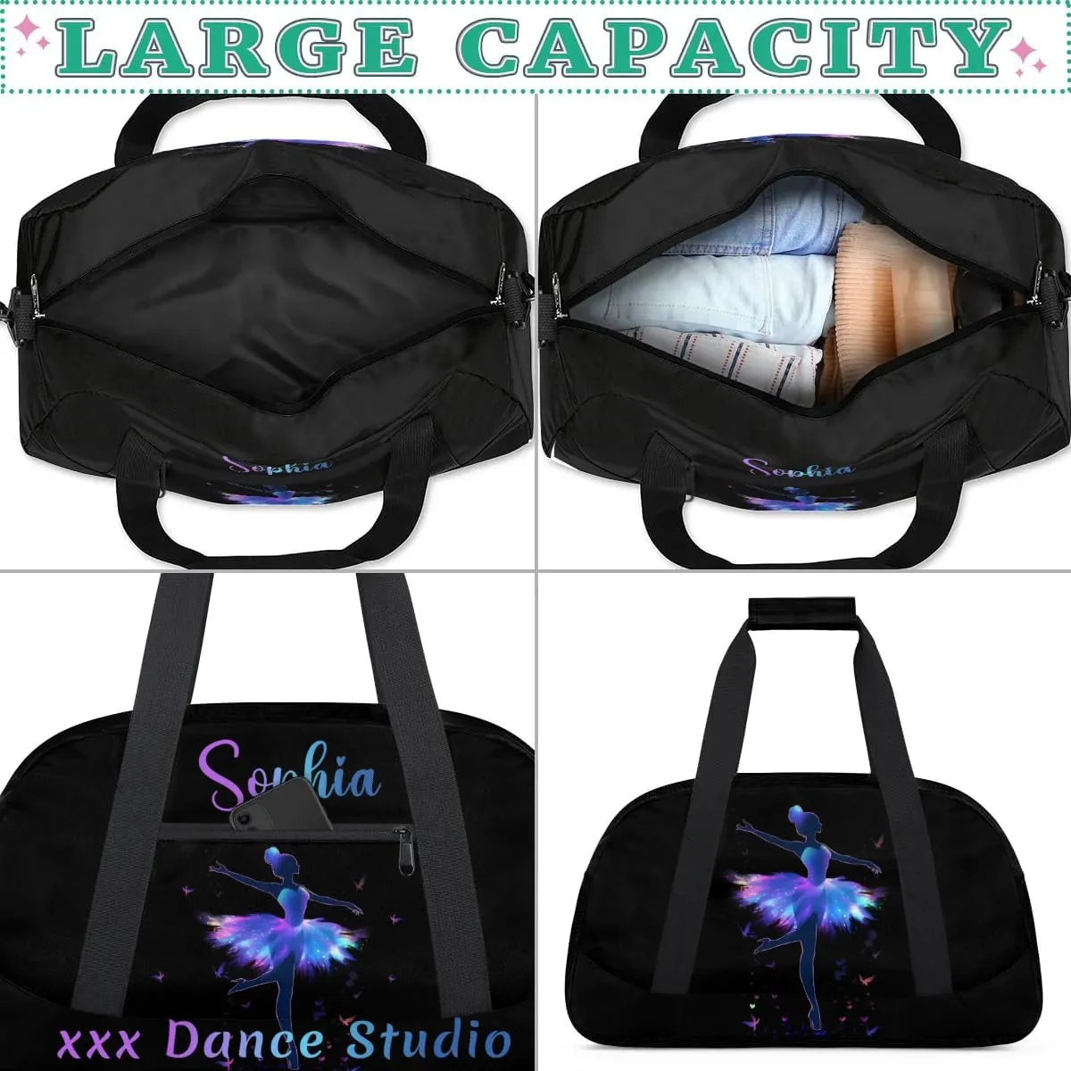 Personalized Name Dance-Duffel-Gym Bags for Girls Kids, Custom Team-Name Sport Carry-On Garment Shoes Bags for Overnight Weekender Travel, Black Blue Purple
