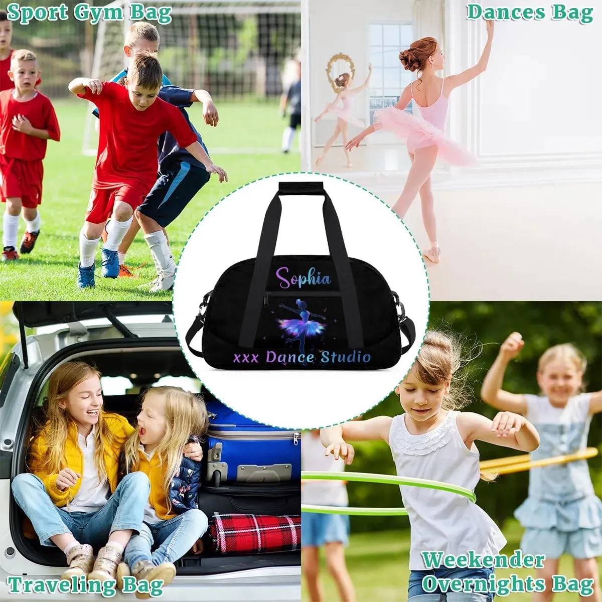 Personalized Name Dance-Duffel-Gym Bags for Girls Kids, Custom Team-Name Sport Carry-On Garment Shoes Bags for Overnight Weekender Travel, Black Blue Purple