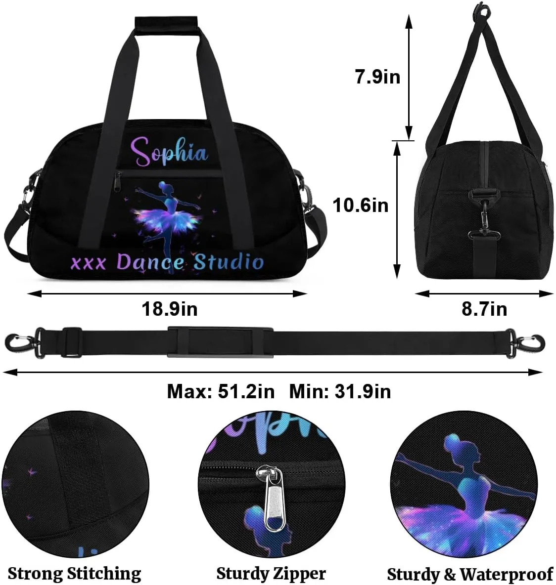 Personalized Name Dance-Duffel-Gym Bags for Girls Kids, Custom Team-Name Sport Carry-On Garment Shoes Bags for Overnight Weekender Travel, Black Blue Purple