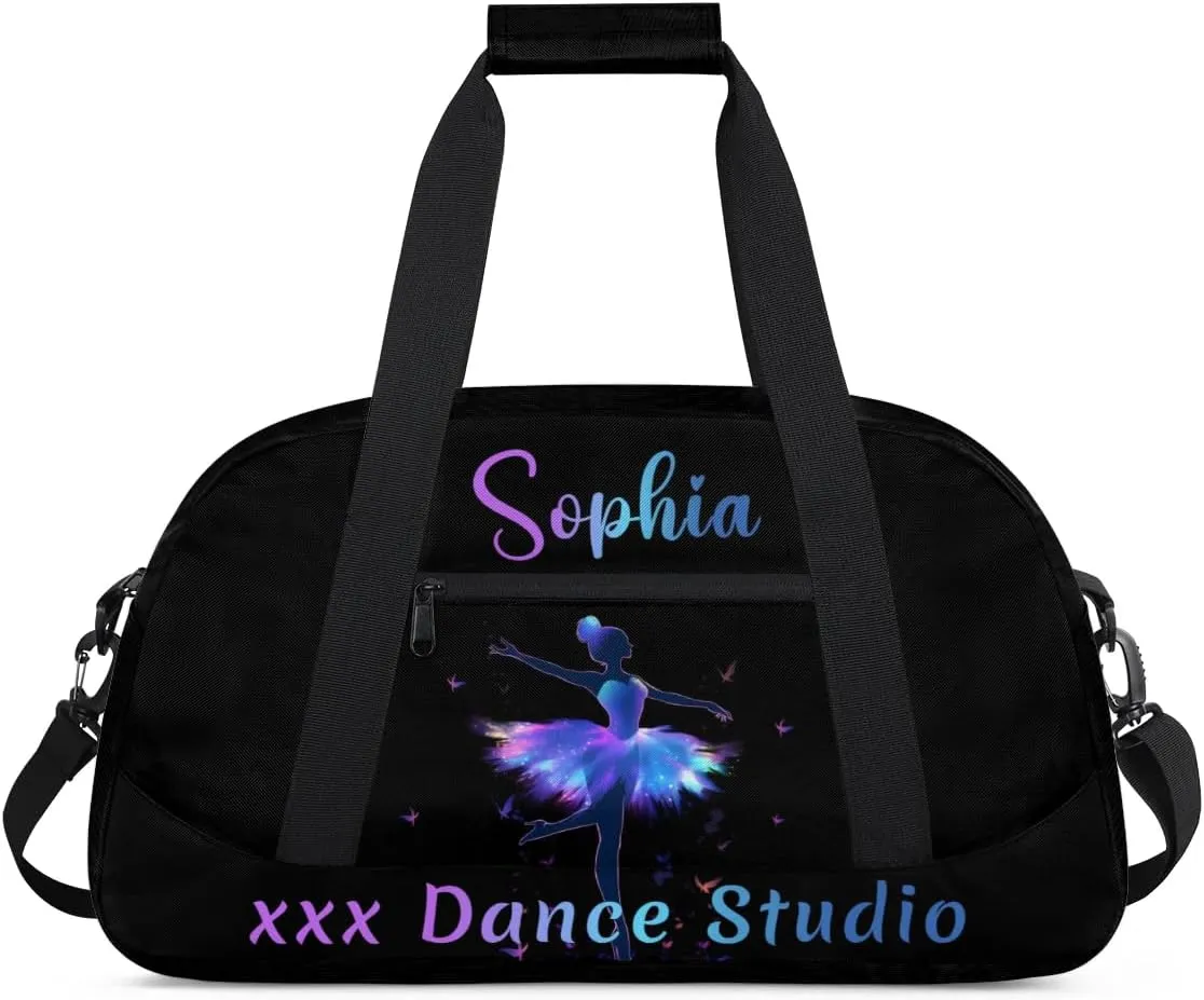 Personalized Name Dance-Duffel-Gym Bags for Girls Kids, Custom Team-Name Sport Carry-On Garment Shoes Bags for Overnight Weekender Travel, Black Blue Purple
