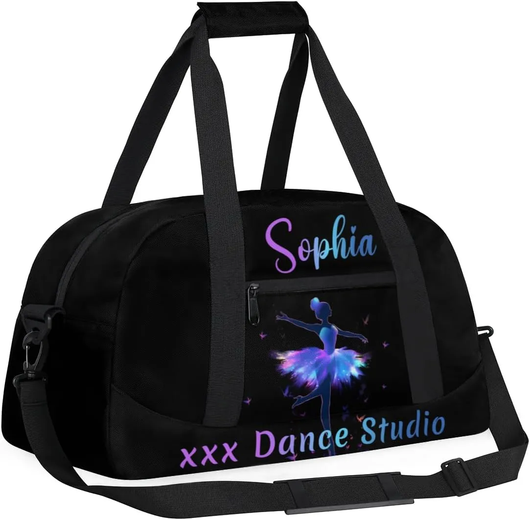 Personalized Name Dance-Duffel-Gym Bags for Girls Kids, Custom Team-Name Sport Carry-On Garment Shoes Bags for Overnight Weekender Travel, Black Blue Purple
