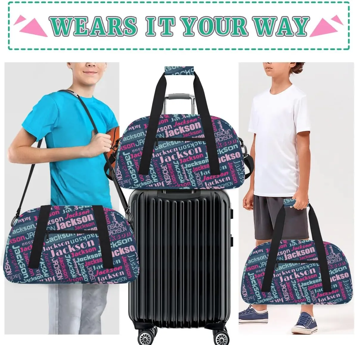 Personalized Name Gym Duffel Bags for Girls Kids Boys with Custom Sport Dance Perform Training Bags for Overnight Weekender Travel,Blue Pink