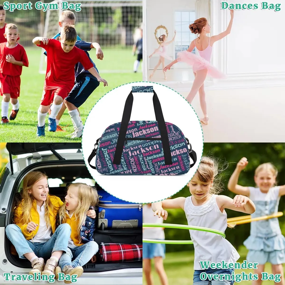 Personalized Name Gym Duffel Bags for Girls Kids Boys with Custom Sport Dance Perform Training Bags for Overnight Weekender Travel,Blue Pink
