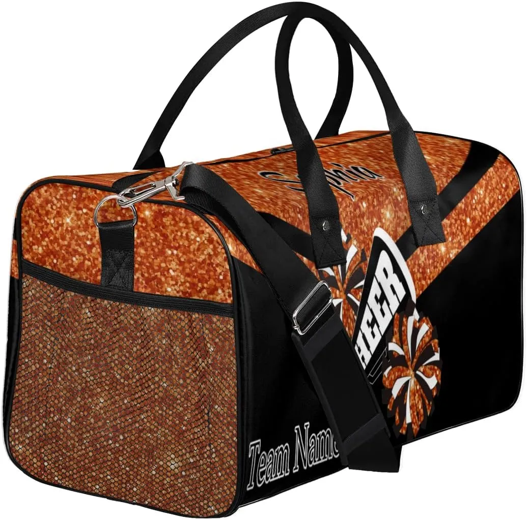Personalized Name Sports Duffel Bag for Cheerleaders, Cheer Bag for Women, Custom Travel Duffle Bag, Cheerleading Weekender Bag, Gym Bag, Dark Orange Glitter