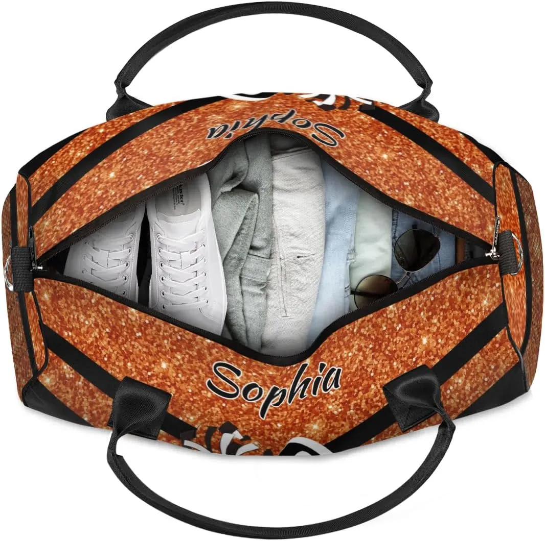 Personalized Name Sports Duffel Bag for Cheerleaders, Cheer Bag for Women, Custom Travel Duffle Bag, Cheerleading Weekender Bag, Gym Bag, Dark Orange Glitter
