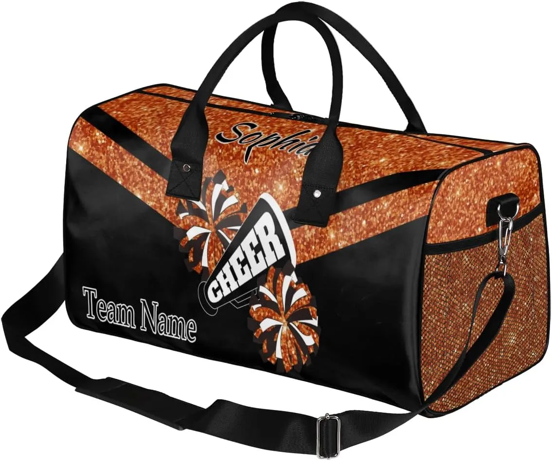 Personalized Name Sports Duffel Bag for Cheerleaders, Cheer Bag for Women, Custom Travel Duffle Bag, Cheerleading Weekender Bag, Gym Bag, Dark Orange Glitter