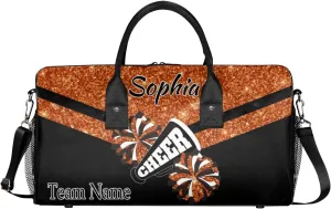 Personalized Name Sports Duffel Bag for Cheerleaders, Cheer Bag for Women, Custom Travel Duffle Bag, Cheerleading Weekender Bag, Gym Bag, Dark Orange Glitter