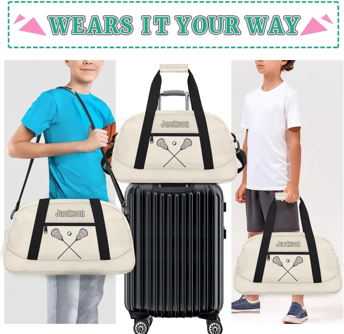 Personalized Sport Gym Bag for Boys,Custom Duffel Bag,Travel Weekender Overnight Tote Bag Carry On Duffel Bag,Customized Gift for Kids Lacrosse sticks