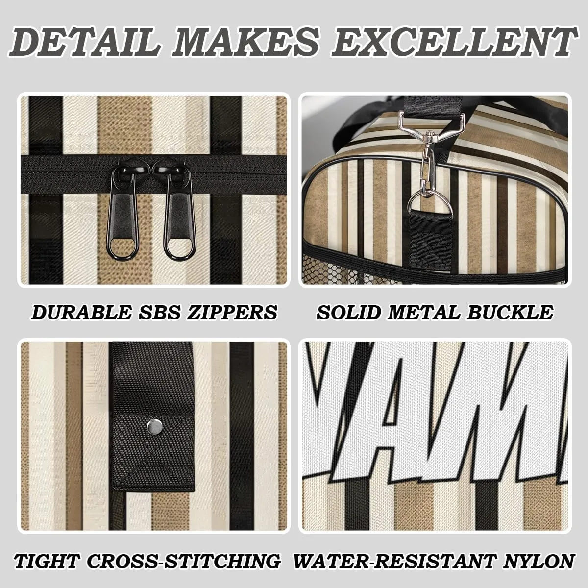 Personalized Striped Travel Duffel Bag with Name, Custom Gym Sport Bag Black and Cream Lines Carry On Weekend Overnight Duffel Bag for Men Women