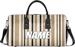 Personalized Striped Travel Duffel Bag with Name, Custom Gym Sport Bag Black and Cream Lines Carry On Weekend Overnight Duffel Bag for Men Women