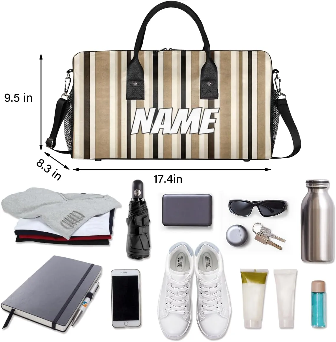 Personalized Striped Travel Duffel Bag with Name, Custom Gym Sport Bag Black and Cream Lines Carry On Weekend Overnight Duffel Bag for Men Women