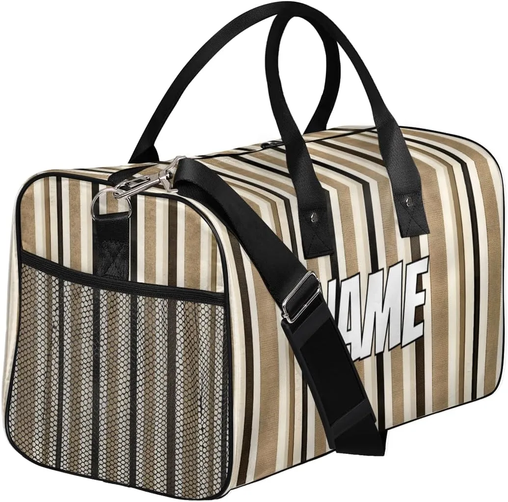 Personalized Striped Travel Duffel Bag with Name, Custom Gym Sport Bag Black and Cream Lines Carry On Weekend Overnight Duffel Bag for Men Women