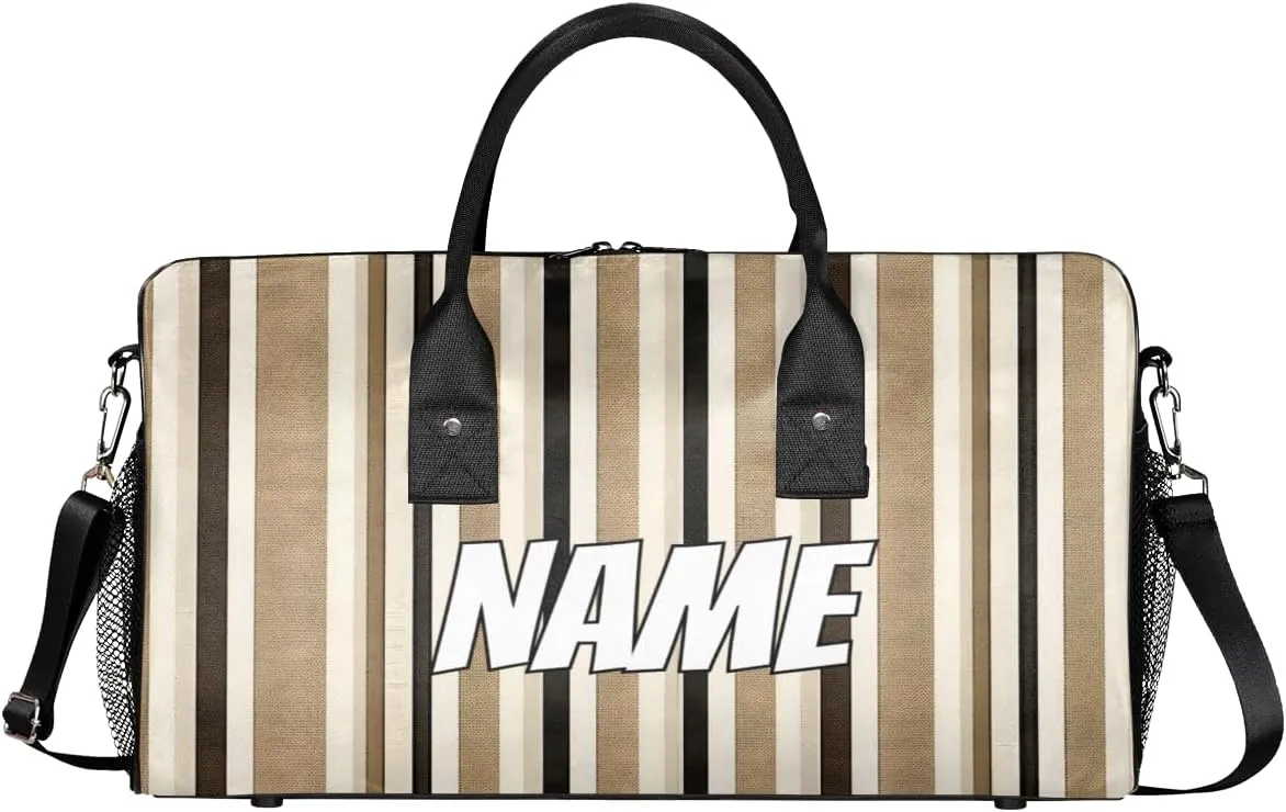 Personalized Striped Travel Duffel Bag with Name, Custom Gym Sport Bag Black and Cream Lines Carry On Weekend Overnight Duffel Bag for Men Women