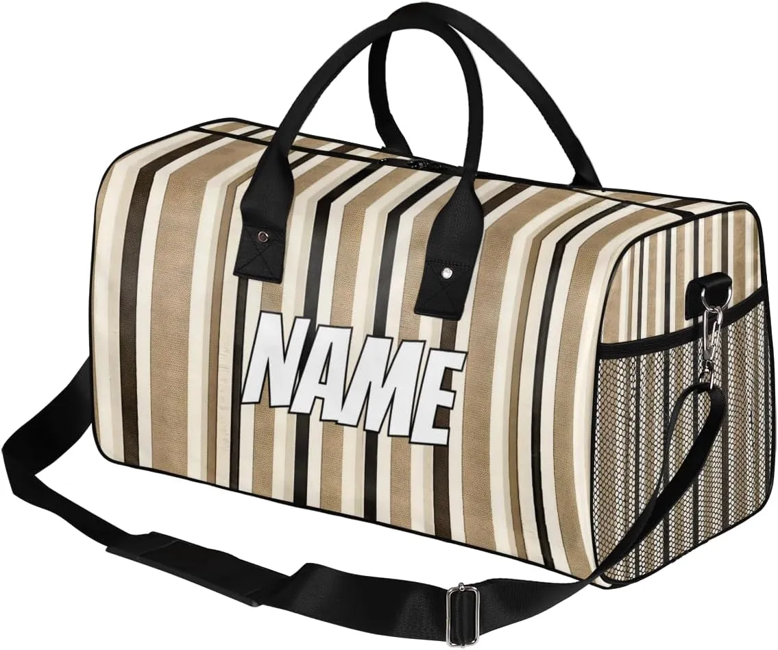 Personalized Striped Travel Duffel Bag with Name, Custom Gym Sport Bag Black and Cream Lines Carry On Weekend Overnight Duffel Bag for Men Women