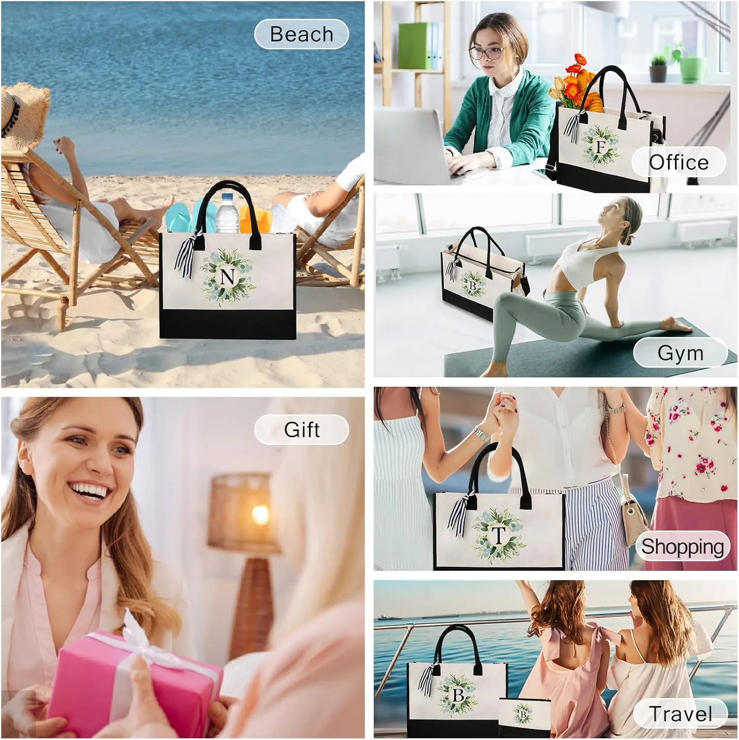 Personalized Totes for Women, Bride Beach Tote Bag with Zipper, Personalized Initials Monogrammed Birthday Gifts for Women, Bolsos de Mujer with Exquisite Printing Wreath Pattern (P)