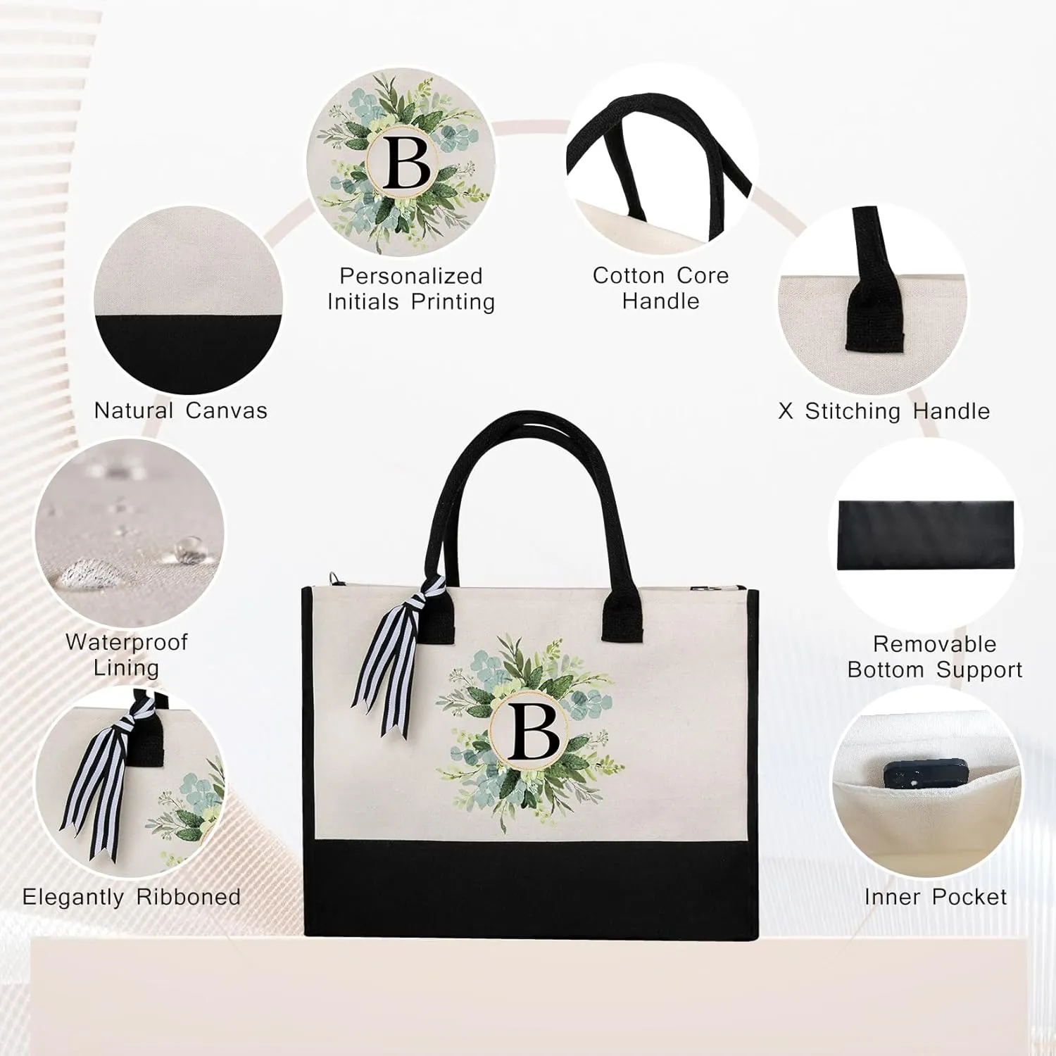 Personalized Totes for Women, Bride Beach Tote Bag with Zipper, Personalized Initials Monogrammed Birthday Gifts for Women, Bolsos de Mujer with Exquisite Printing Wreath Pattern (P)
