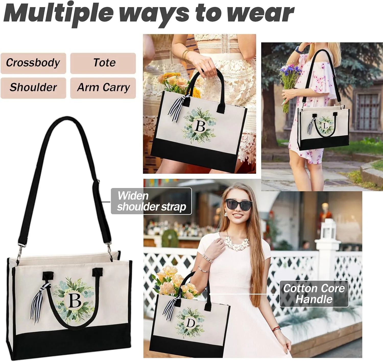 Personalized Totes for Women, Bride Beach Tote Bag with Zipper, Personalized Initials Monogrammed Birthday Gifts for Women, Bolsos de Mujer with Exquisite Printing Wreath Pattern (P)