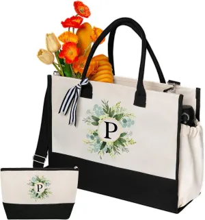 Personalized Totes for Women, Bride Beach Tote Bag with Zipper, Personalized Initials Monogrammed Birthday Gifts for Women, Bolsos de Mujer with Exquisite Printing Wreath Pattern (P)