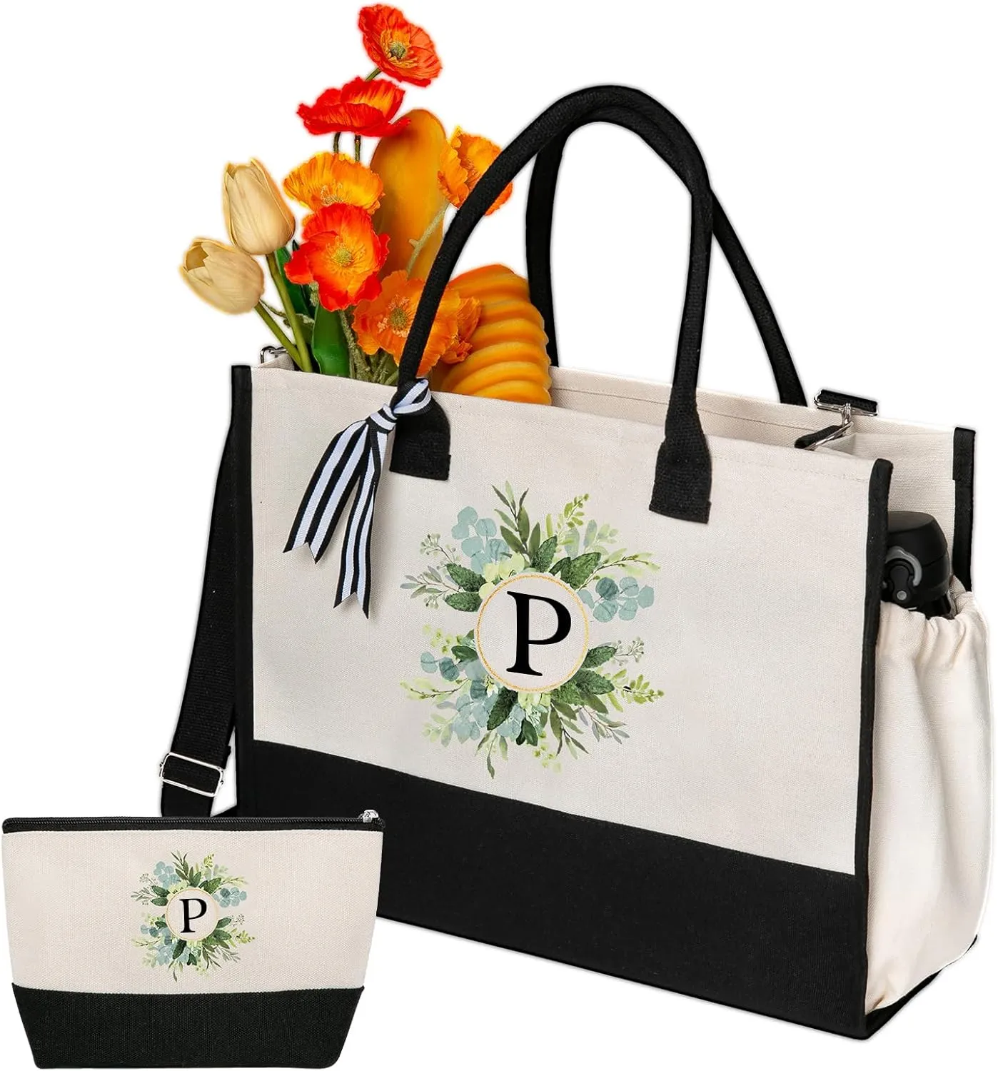 Personalized Totes for Women, Bride Beach Tote Bag with Zipper, Personalized Initials Monogrammed Birthday Gifts for Women, Bolsos de Mujer with Exquisite Printing Wreath Pattern (P)
