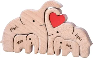 Personalized Wooden Bear Family Puzzles 1-8 Names Customizable Wooden Puzzle Home Table Decor Gift for Dad Mom Couple (Elephants)
