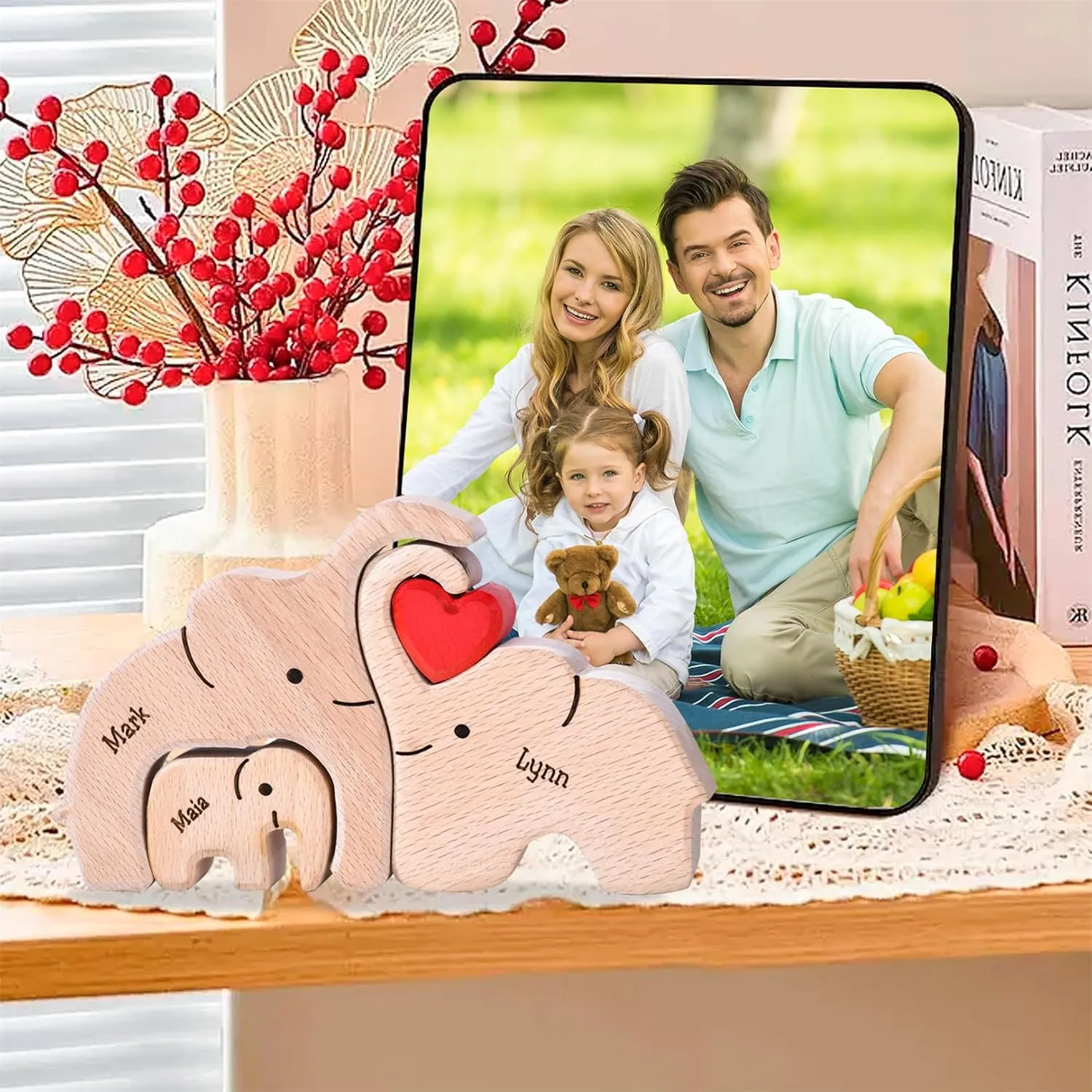 Personalized Wooden Bear Family Puzzles 1-8 Names Customizable Wooden Puzzle Home Table Decor Gift for Dad Mom Couple (Elephants)