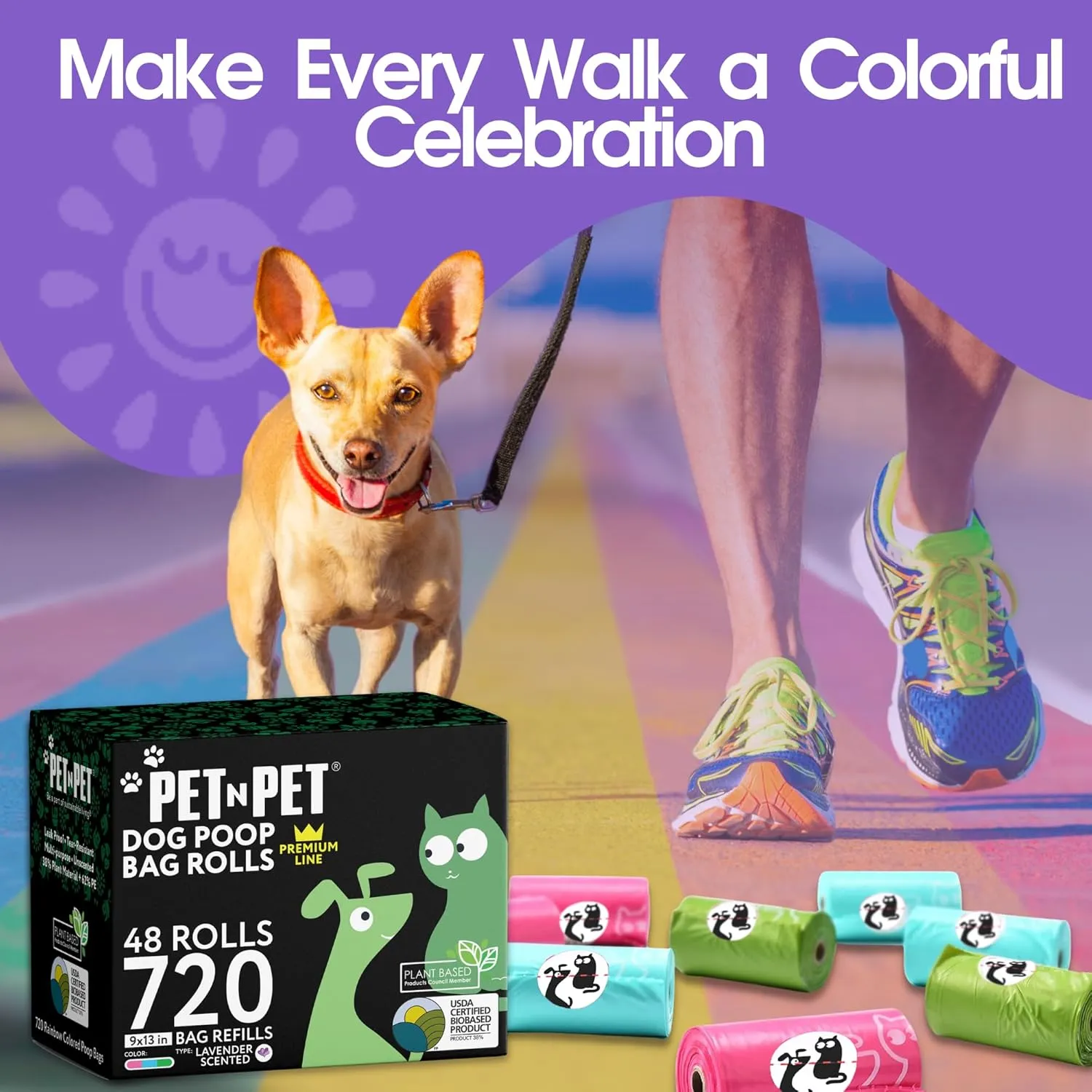 Pet N Pet 720 Counts Lavender Scented, Colorful Poop Bags for Dogs, 38% Plant Based & 62% PE Dog Poop Bags Rolls, Extra Thick Dog Waste Bag, Doggy Bag