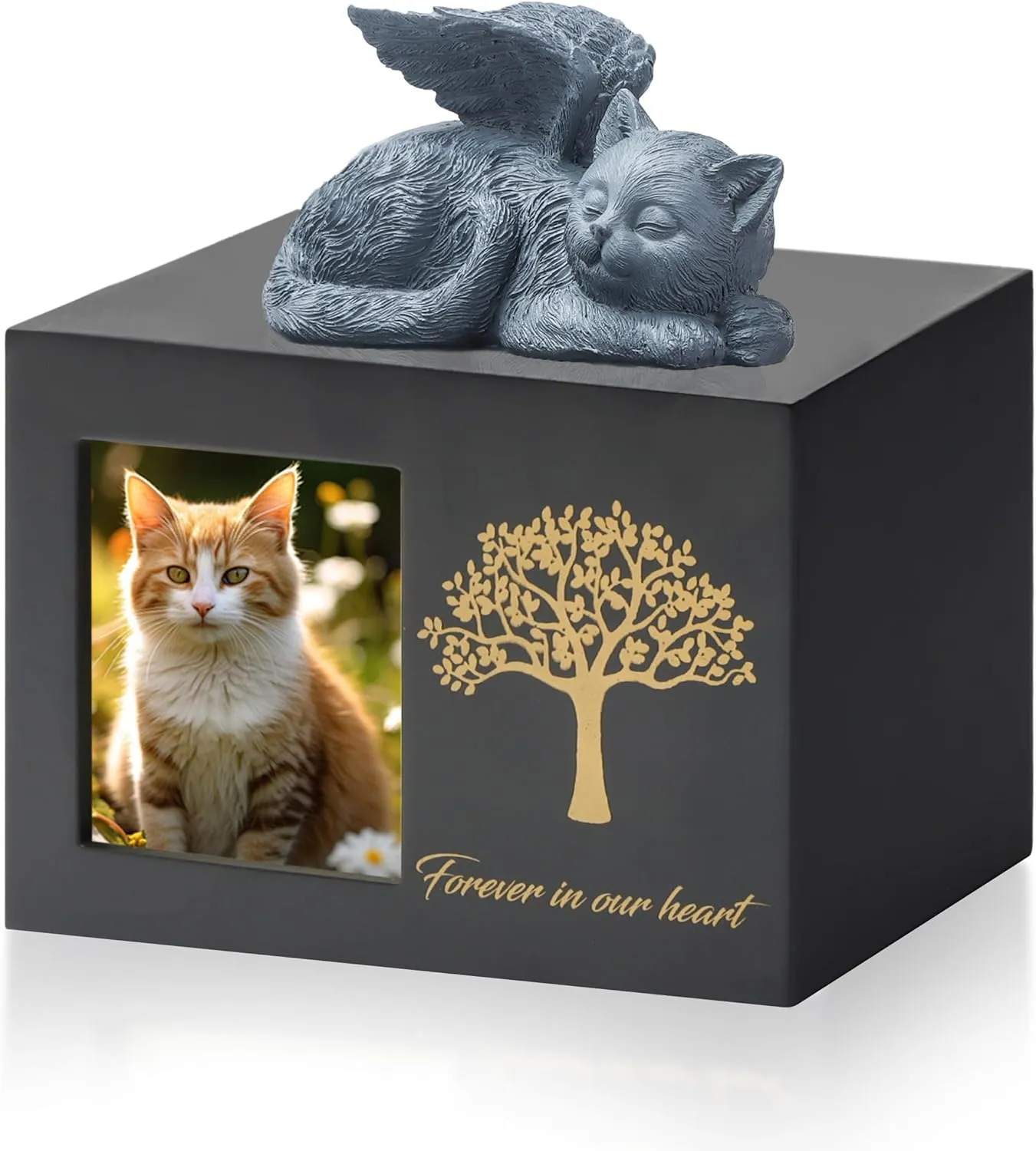 Pet Urn for Cat Ashes, Tree Pattern Wooden Keepsake with Photo Frame, Memory Box with Resin Animal Statue and Sealed Storage Bags (75lbs)（Black）