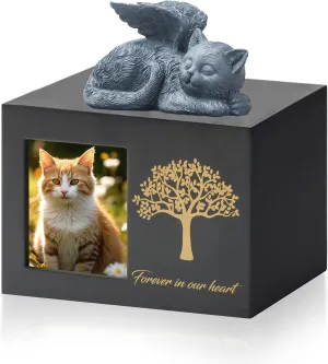 Pet Urn for Cat Ashes, Tree Pattern Wooden Keepsake with Photo Frame, Memory Box with Resin Animal Statue and Sealed Storage Bags (75lbs)（Black）