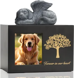 Pet Urn for Dog Ashes, Tree Pattern Wooden Black Keepsake with Photo Frame, Memory Box with Resin Animal Statue and Sealed Storage Bags (75lbs)