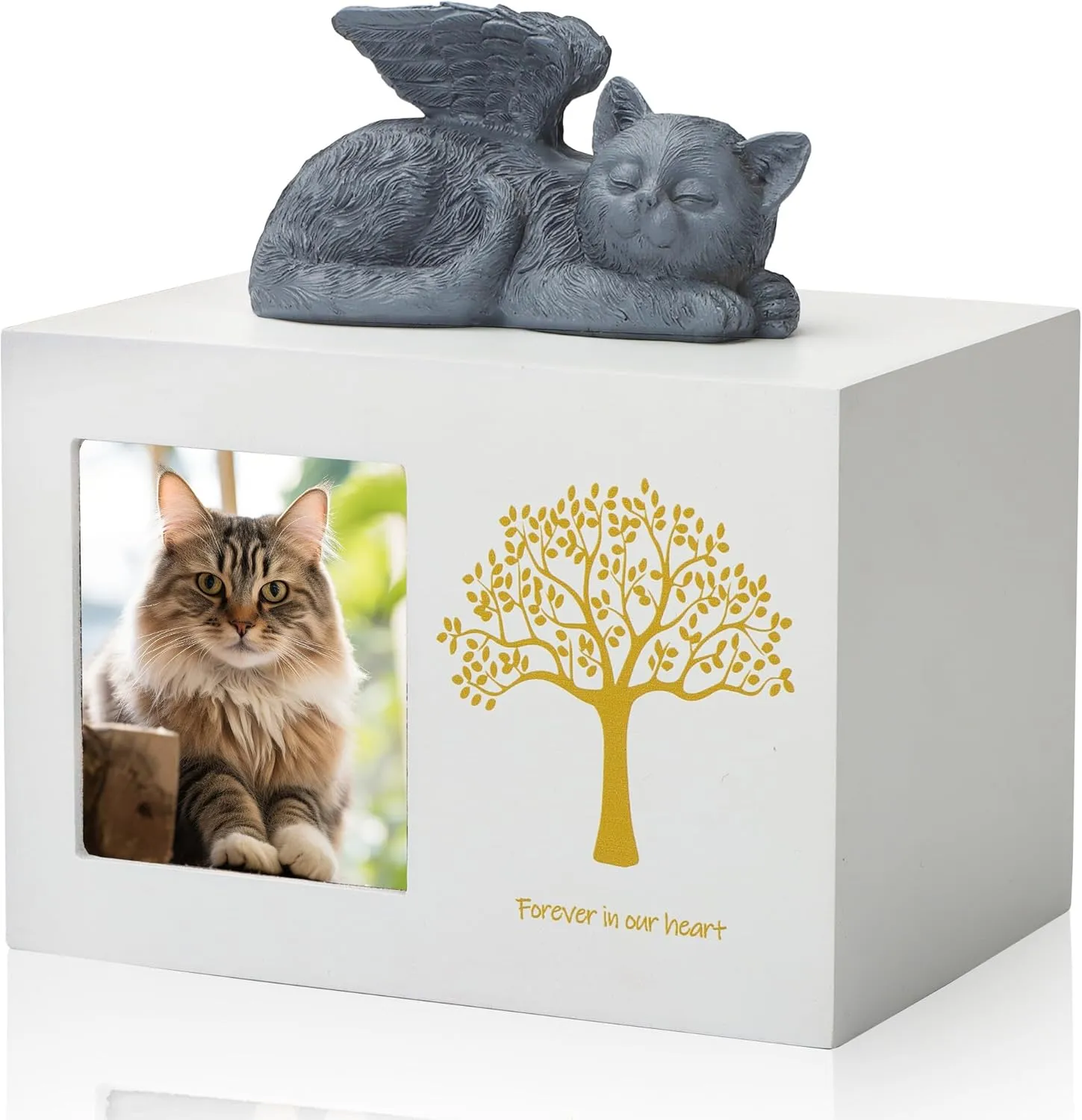 Pet Urn for Dog Ashes, Tree Pattern Wooden Keepsake with Photo Frame, Memory Box with Resin Animal Statue and Sealed Storage Bags (75lbs)（White）