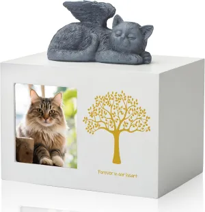 Pet Urn for Dog Ashes, Tree Pattern Wooden Keepsake with Photo Frame, Memory Box with Resin Animal Statue and Sealed Storage Bags (75lbs)（White）