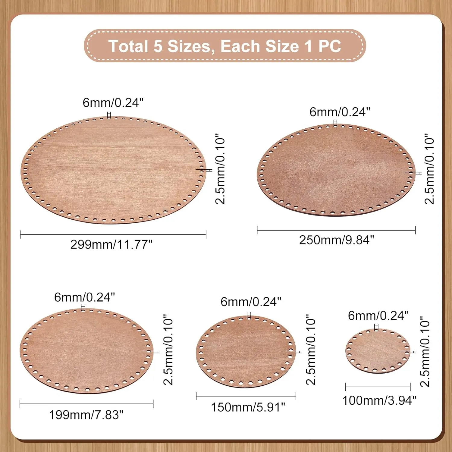 PH PandaHall 5 Sizes Natural Wooden Basket Bottom Round Circle Wood Base Shaper Brown Blank Crochet Bag Bottom for Basket Weaving Crochet Supplies DIY Bags Purse Making, 3.9/5.9/7.8/9.8/11.8"