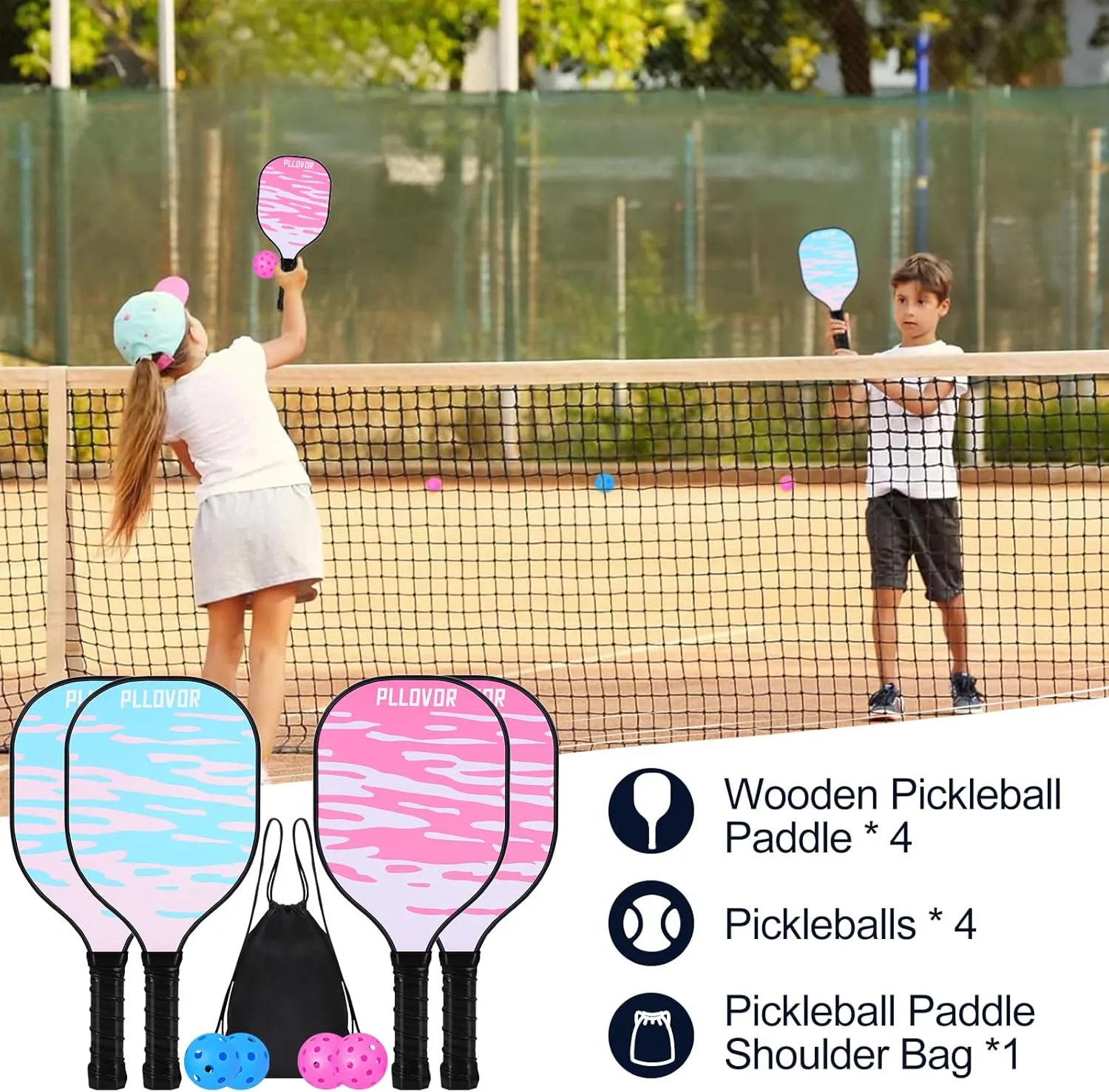 Pickleball Paddle Set of 4–Wooden Rackets with 4 Indoor/Outdoor Pickle Balls&Carry Bag–USAPA Compliant, Splinter-Free,Beginners,Kids&Adults–Lightweight,Cute,Durable for Backyard,Travel&Schools