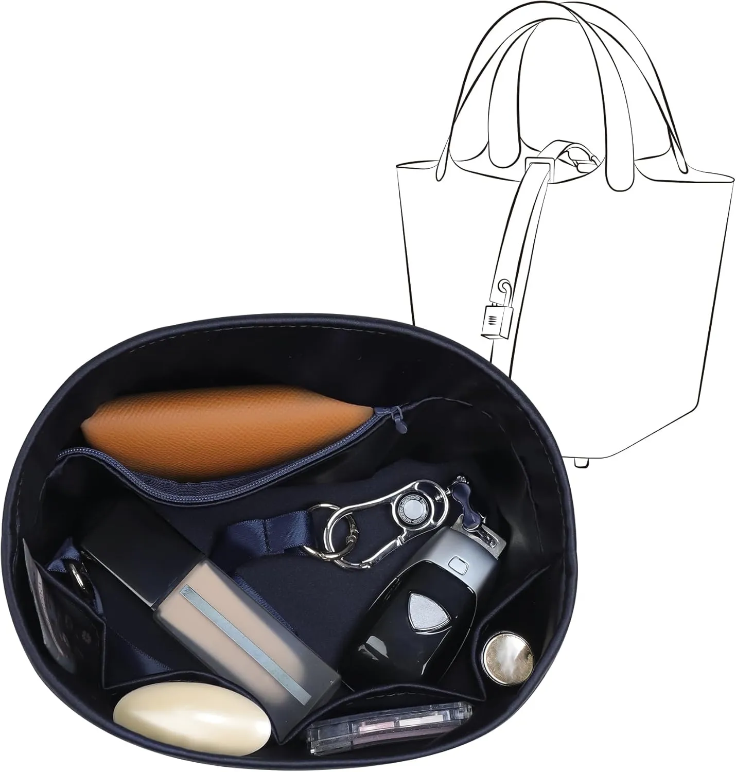 Picotin 18 Bag Insert Oval with Zipper, Purse Organizer Compatible with Hermes Picotin, Silky Bag Insert, Lightweight and Soft Touch (PC18 Oval, Blue Nuit)