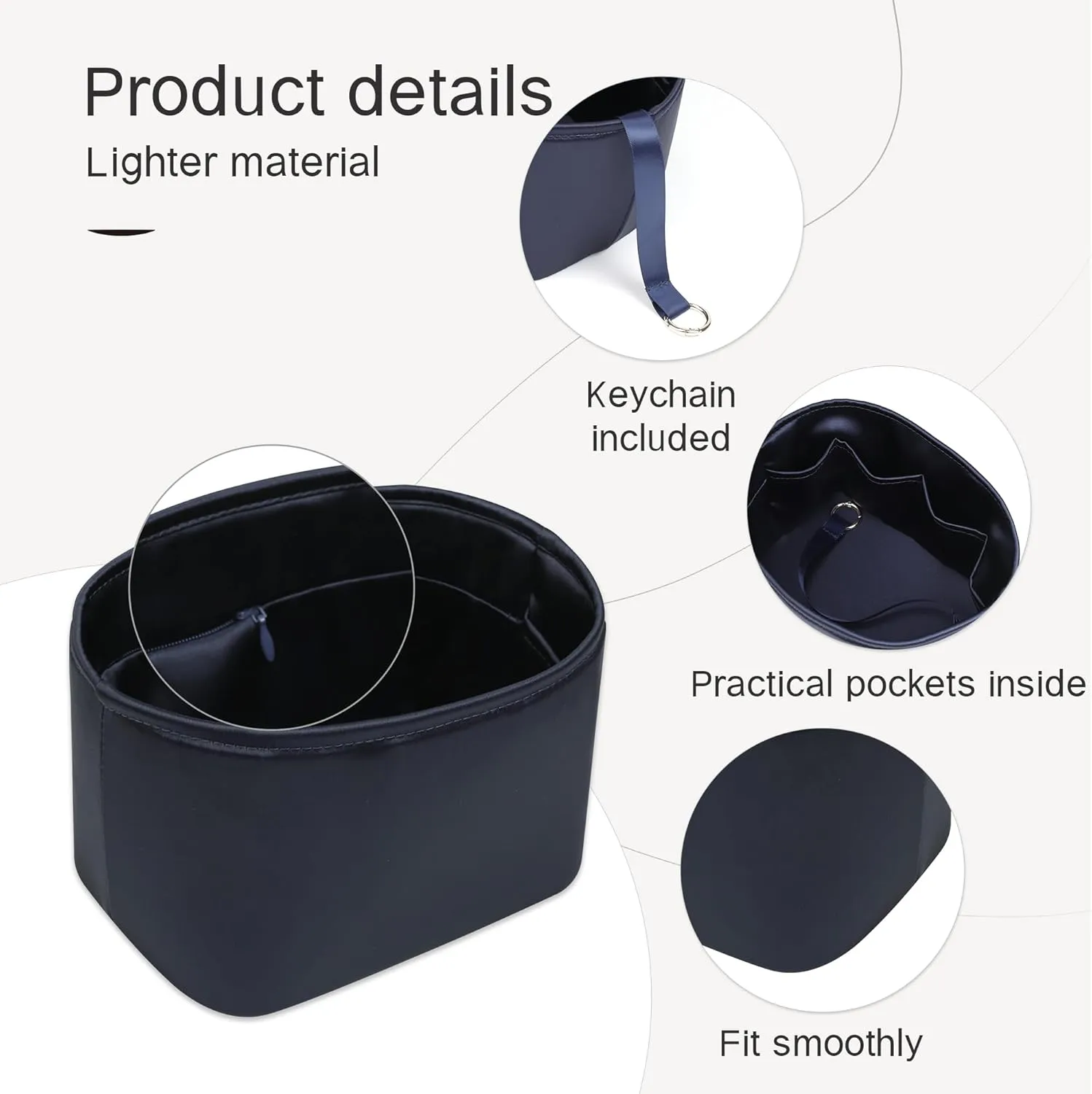 Picotin 18 Bag Insert Oval with Zipper, Purse Organizer Compatible with Hermes Picotin, Silky Bag Insert, Lightweight and Soft Touch (PC18 Oval, Blue Nuit)