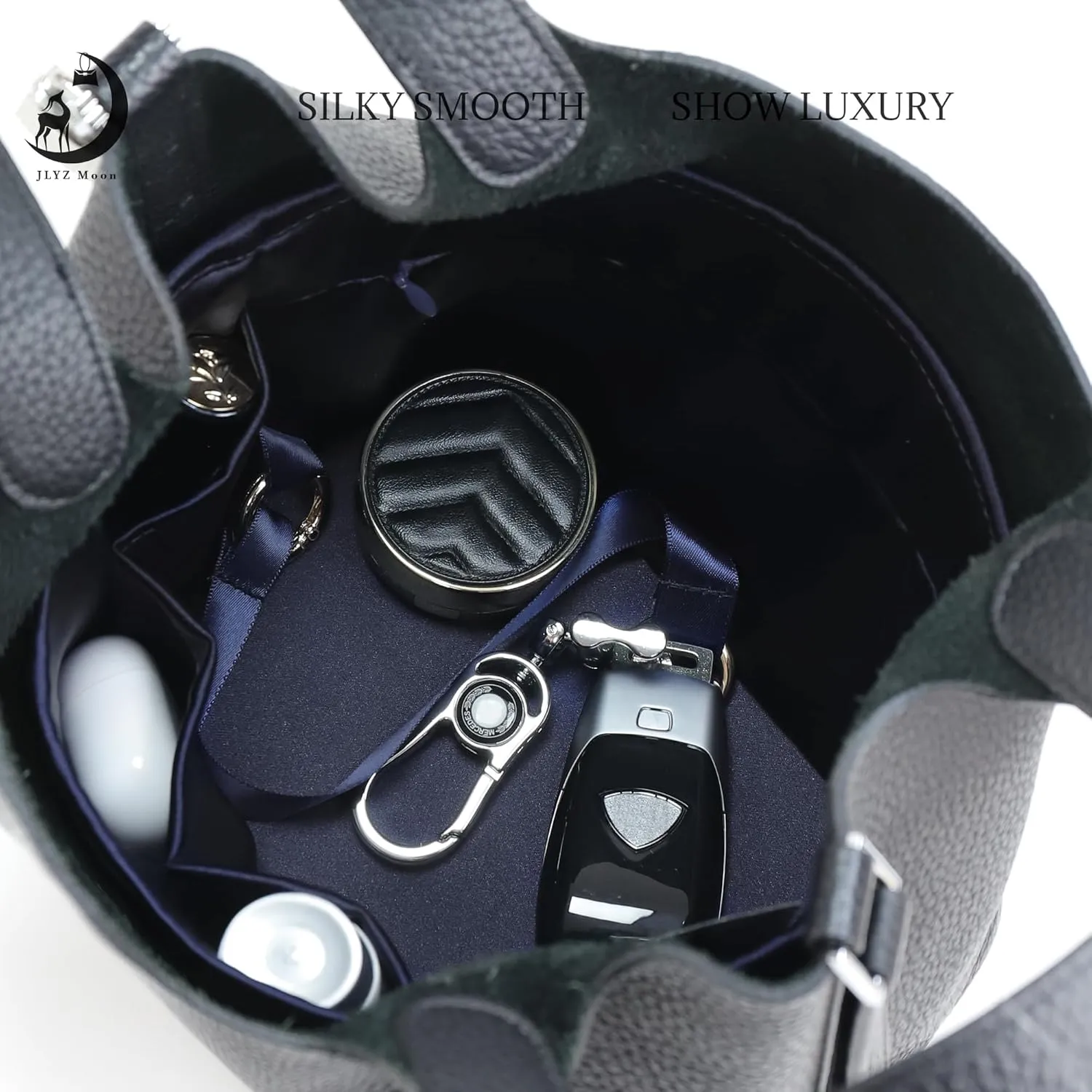 Picotin 18 Bag Insert Oval with Zipper, Purse Organizer Compatible with Hermes Picotin, Silky Bag Insert, Lightweight and Soft Touch (PC18 Oval, Blue Nuit)