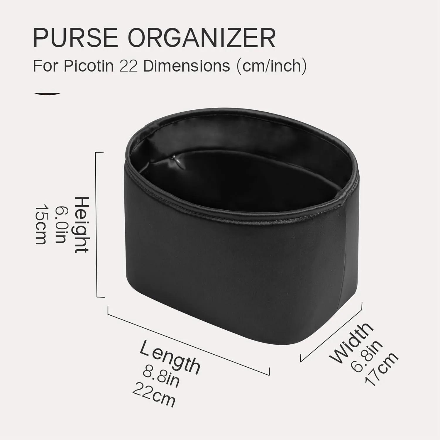 Picotin 22 Bag Insert Oval with Zipper, Purse Organizer Compatible with Hermes Picotin, Silky Bag Insert, Lightweight and Soft Touch (PC22 Oval, Black)