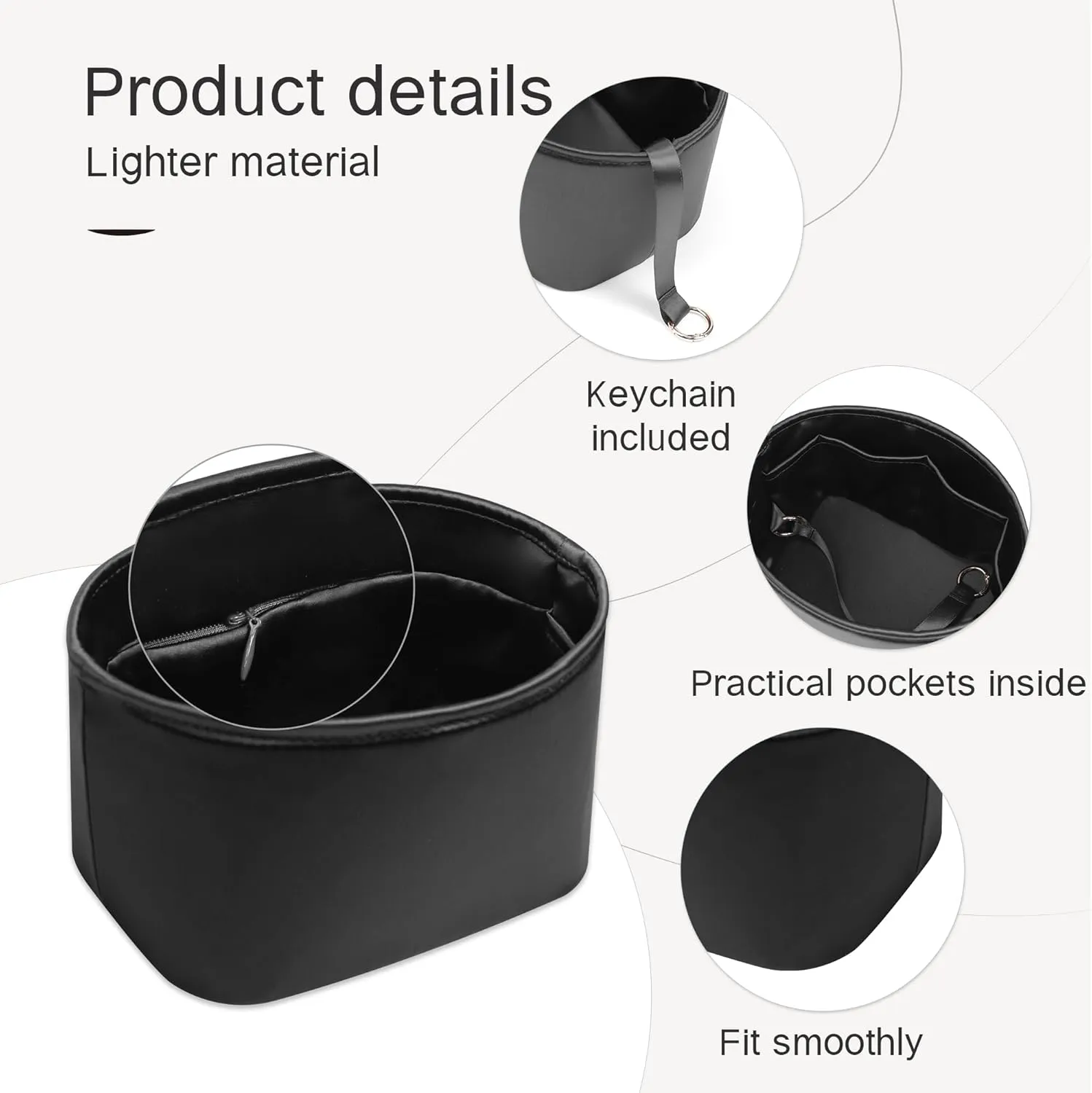 Picotin 22 Bag Insert Oval with Zipper, Purse Organizer Compatible with Hermes Picotin, Silky Bag Insert, Lightweight and Soft Touch (PC22 Oval, Black)