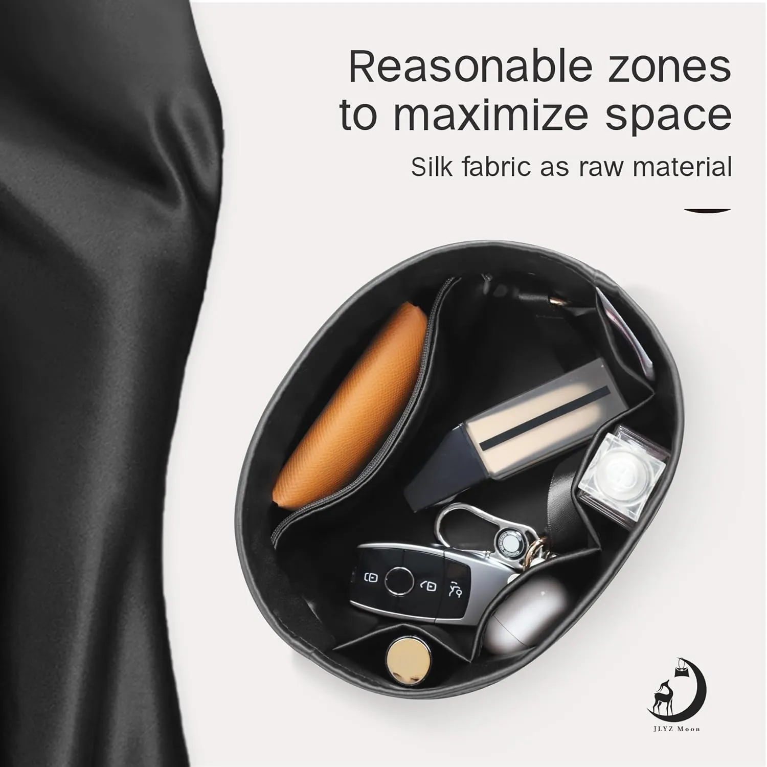 Picotin 22 Bag Insert Oval with Zipper, Purse Organizer Compatible with Hermes Picotin, Silky Bag Insert, Lightweight and Soft Touch (PC22 Oval, Black)