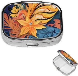 Pill Case with Mirror Retro 2 Compartment Pill Box Abstract Patterned Tropical Print Small Pill Organizer for Purse or Pocket Decorative Metal Medicine Vitamin Organizer Unique Gifts