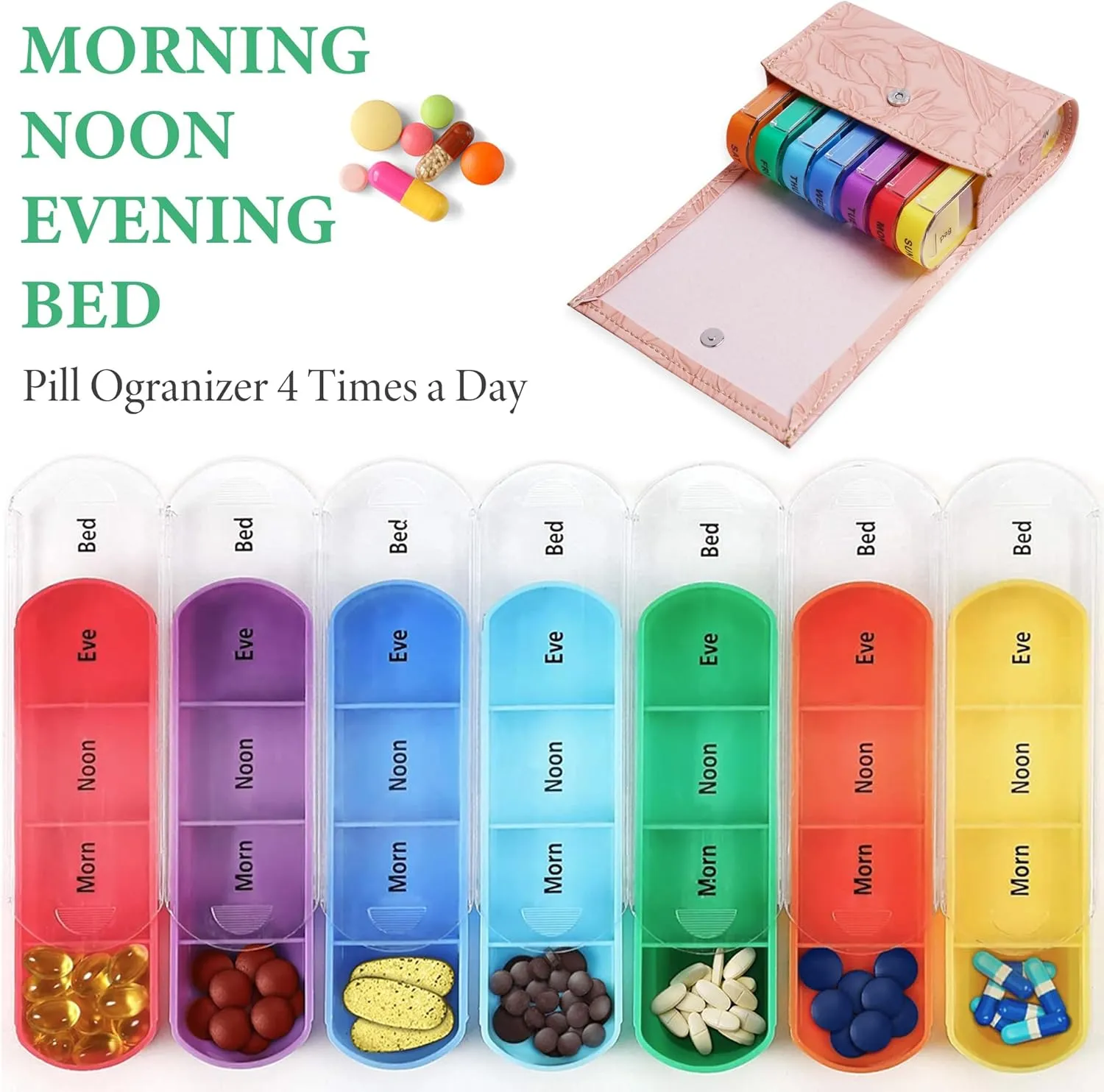 Pill Organizer,LIZIMANDU Weekly Travel Pill Case Box Medication Reminder Daily AM PM, Day Night 7 Compartments,for 4 Times A Day, 7 Days a Week-Includes Leather PU Carrying Case(1-Carved Pink)