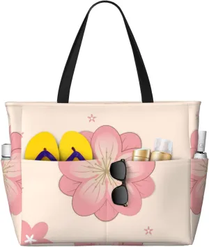 Pink Cherry Blossoms Print 28L Large Beach Tote Bag, 7 Pockets Waterproof Travel Shoulder Bag, Gym Oversized Tote